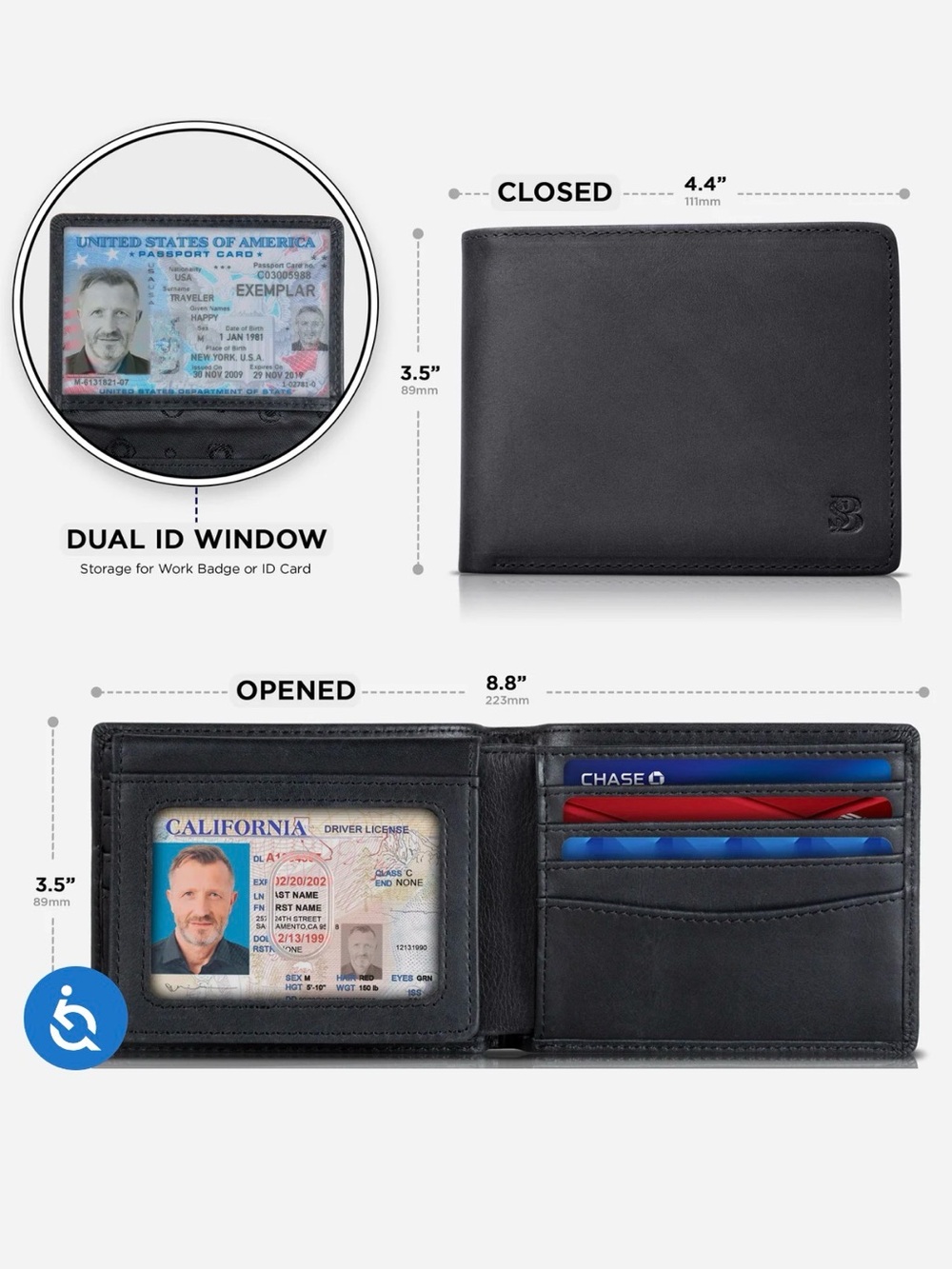 NWT Serman Brands Executive Men's Black Leather Bi-Fold Wallet w/ Dual ID Window